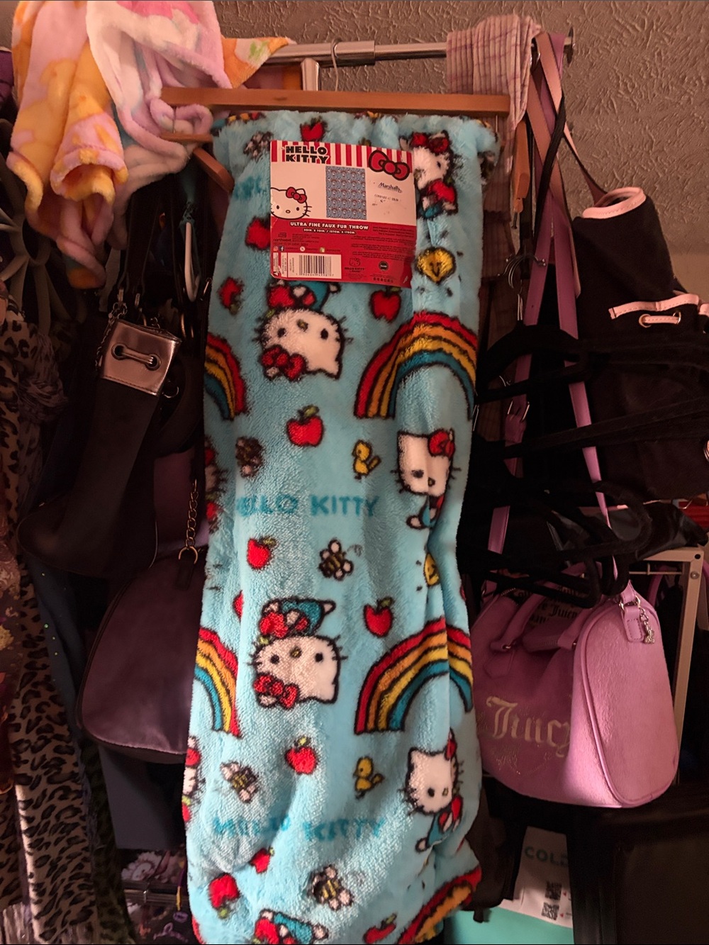 Hello Kitty Aqua Plush Blanket with Rainbows & Apples